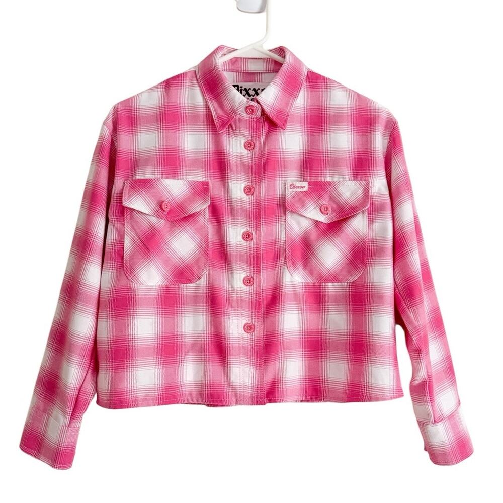 Dixxon Pink Cropped Flannel Plaid Long Sleeve The Valentine Grunge Top Shirt